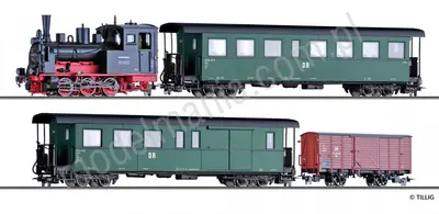Zugset der DR, bestehend aus Dampflokomotive BR 99.47, einem Personenwagen KB4i, einem Pac